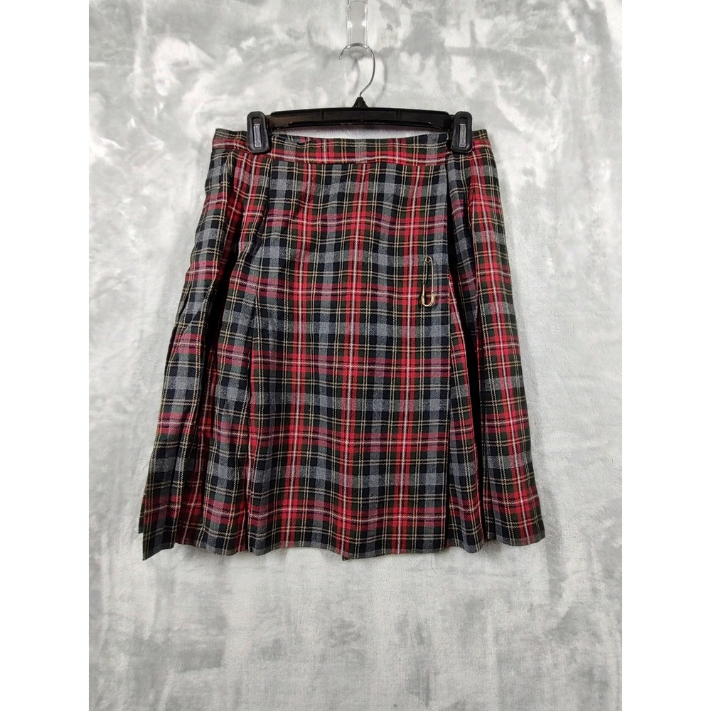 JHC Red Grey Plaid Pleated Kilt Skirt Women Size‎ 10 Safety Pin Dark Academia